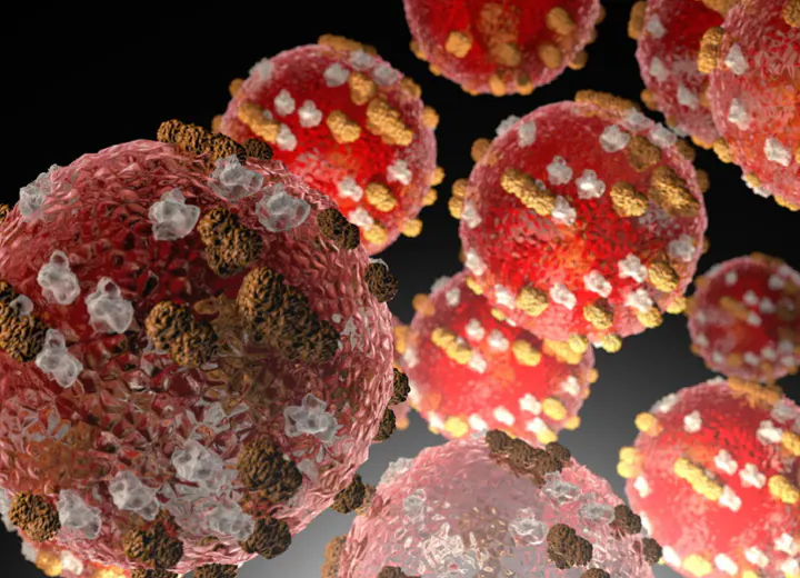 An illustration shows a close-up rendering of the measles virus.