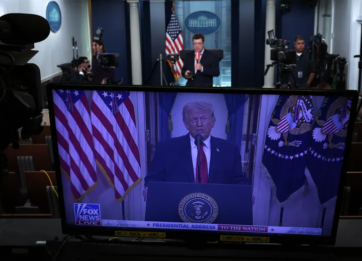 Lead image from houstonpublicmedia.org's coverage of White House launches 'Trump TV' after ban on major news outlets.